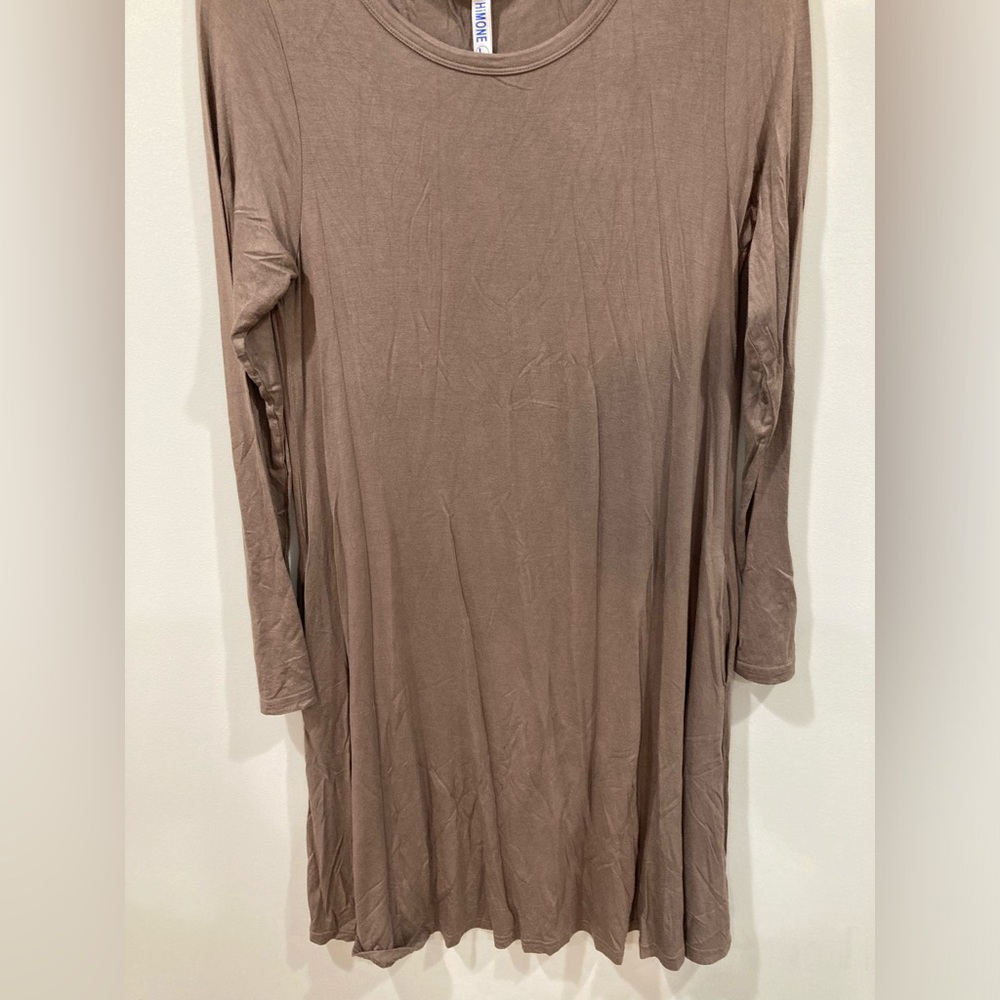 Himone Tan Long Sleeve Solid Dress with Pockets Large - Picture 4 of 13